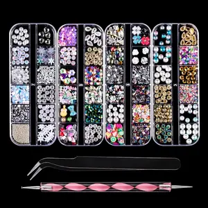 6-piece nail art accessory set 3D art nail rhinestones, diamonds, pickers, tweezers, nail art point drills, nail art pens, nail art accessories, jewelry decoration suitable for home and salon nail art