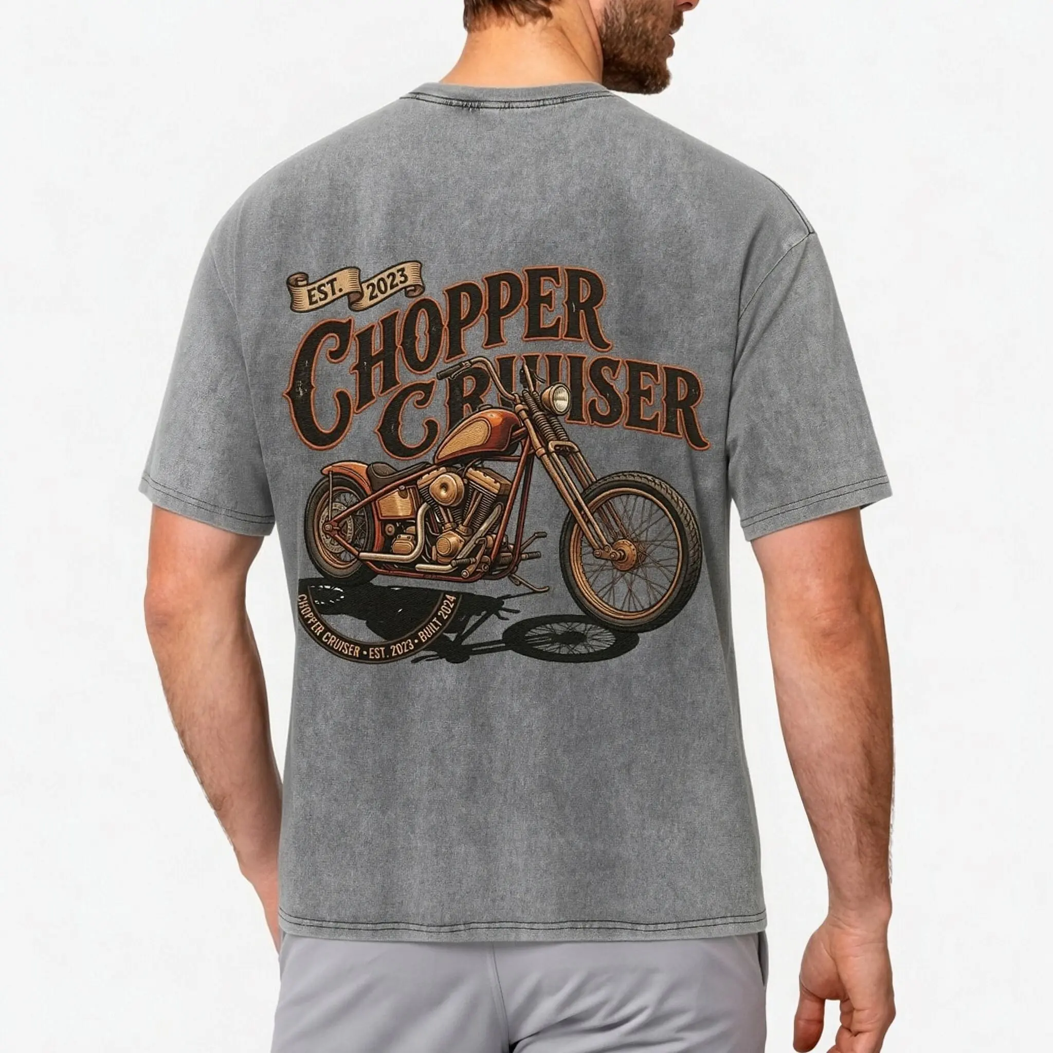 Retro Chopper Cruiser Motorcycle Back Print Vintage Acid Wash Men Short Sleeve T-Shirt Biker Casual Loose Summer Top
