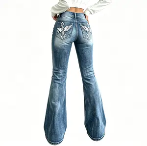 Women's Blue Washed Flare Jeans, Y2K Cross Embroidered Flare Jeans,Low Rise High Stretch Denim