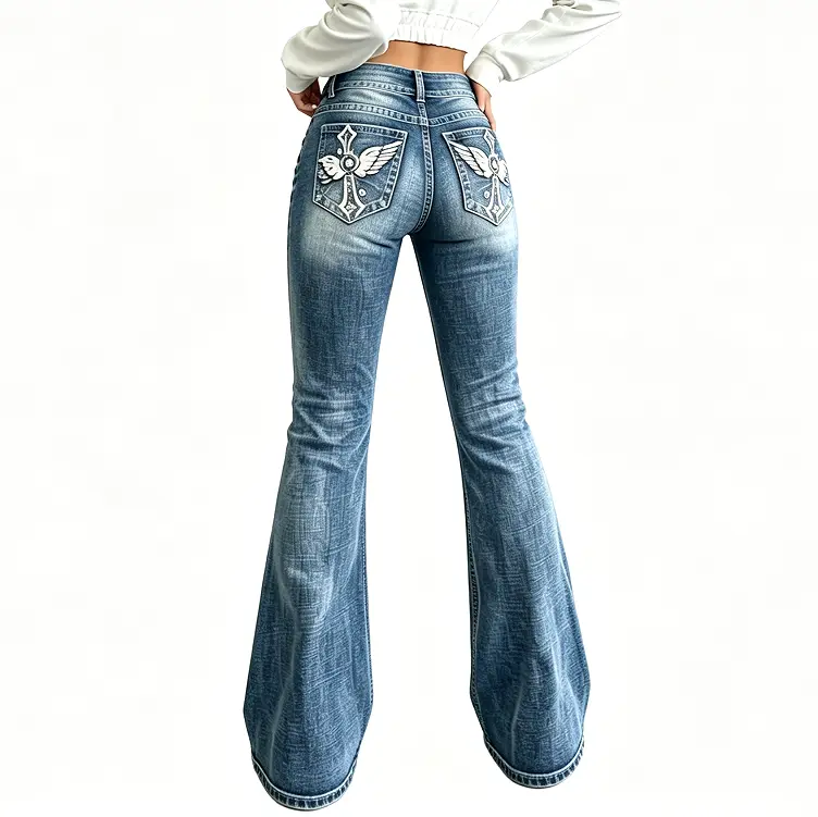 Women's Blue Washed Flare Jeans, Y2K Cross Embroidered Flare Jeans,Low Rise High Stretch Denim