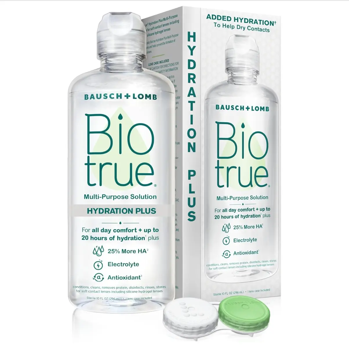 Biotrue Hydration Plus Contact Lens Solution with Lens Case, Multi-Purpose Solution for Soft Lenses, Hydrates with Hyaluronan, Cleans, Clears, and Disinfects for All-Day Comfort, 10 Fl Oz (Pack of 1)