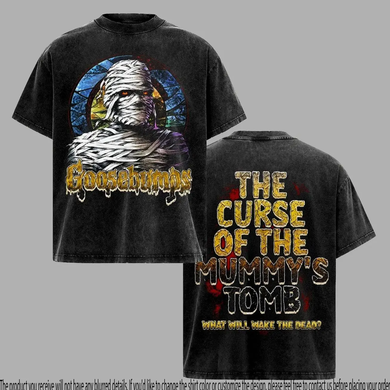 The Curse of the Mummy's Tomb Horror Graphic T-Shirt – Vintage Washed Halloween Tee, Front & Back Print, Unisex Oversized Shirt ZIY