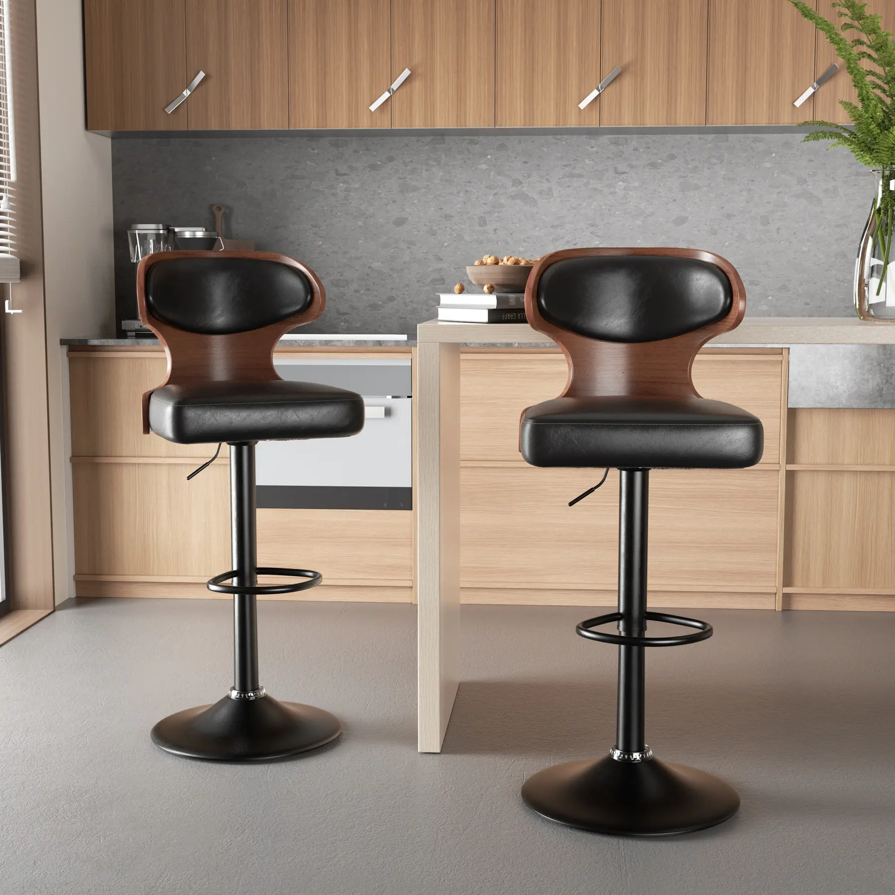 Vintage Adjustable Bar Stools Set of 2 - 24.5-33.5" Swivel Height, Ergonomic Backrest & Footrest, Faux Leather Upholstery for Kitchen Island, Dining Room