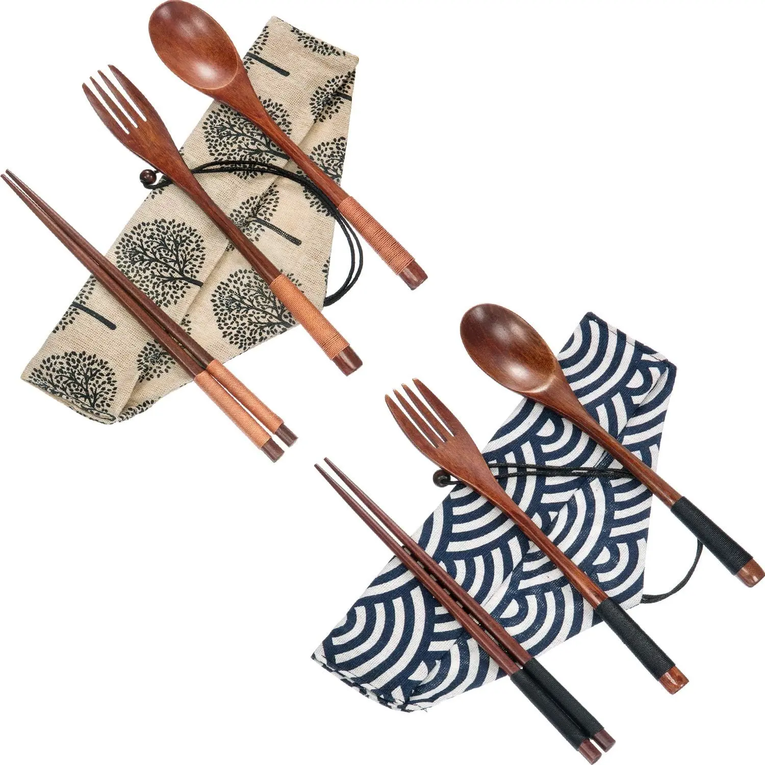 2 Sets Reusable Wooden Utensils for Eating Travel Wooden Spoons Forks Chopsticks Cutlery Set with Case Lunch Utensils Set for Lunch Portable Wood Flatware Set for Eating