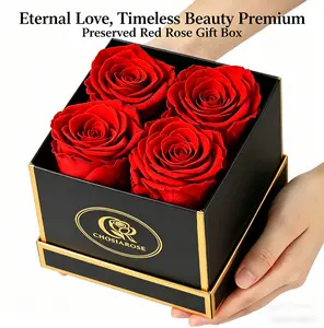 Mother's Day 4-Piece Preserved Roses in a Box, Preserved Flowers, Rose Forever in a Box for Wife or Her, Lasting Real Flower Gift, Elegant Luxury Floral Home Decor, Red
