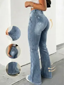 Plus Size Y2K High Waisted Flared Jeans | Tummy Control Butt Lifting Stretch Bell Bottoms for Curvy Women | Light Wash Distressed Pants Comfortable Fit | Flattering for All Leg Shapes - DM70562