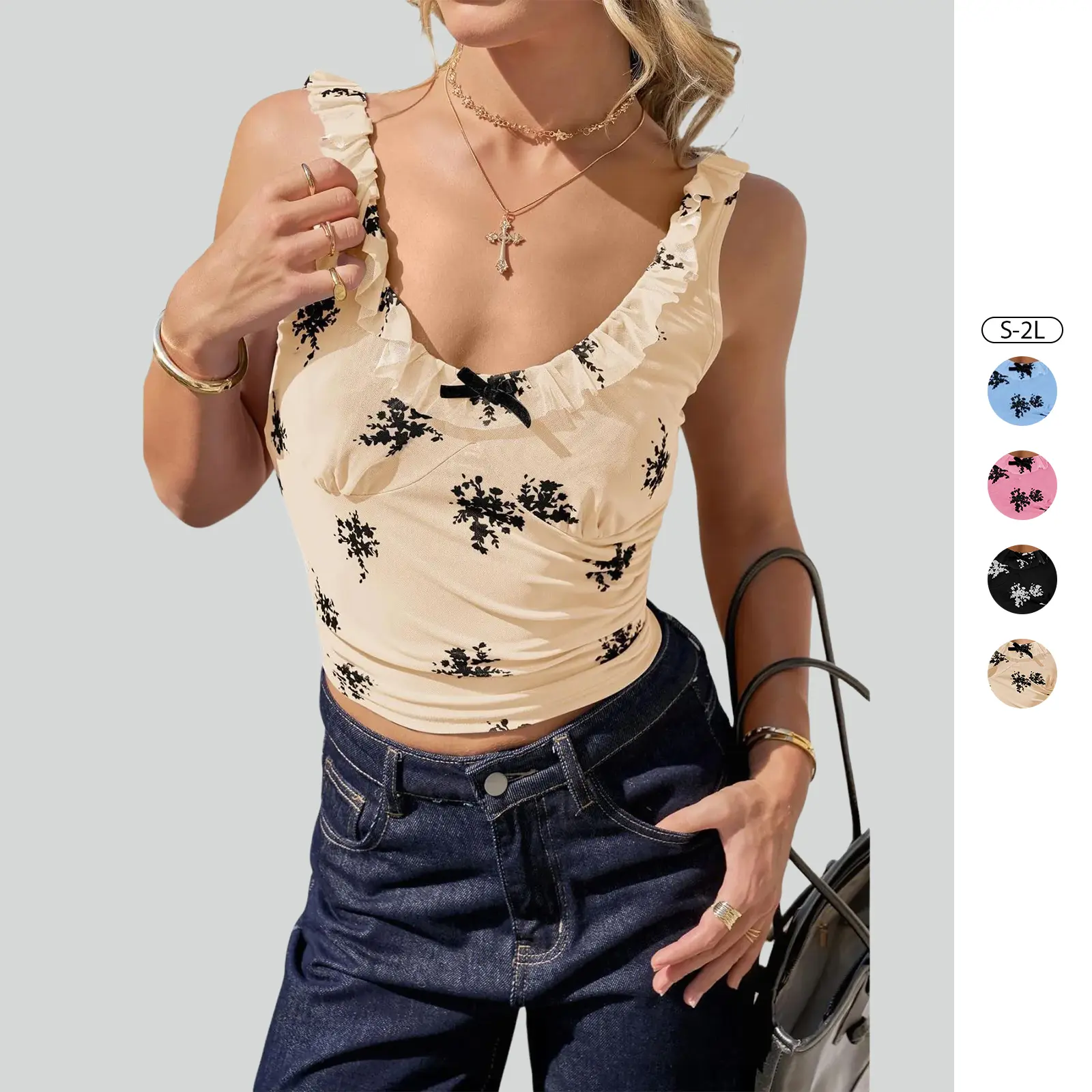 Imily Bela Womens Ruffle Deep V Neck Tank Tops Summer Sexy Floral Print Sleeveless Fitted Shirts Trendy Y2k Going Out Crop Tops