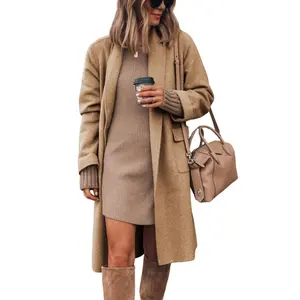 UANEO Women's Long Cardigan Wool Coat Open Front Pockets Warm Lapel Jacket Coat