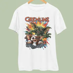 Gremlins Movie Tshirt - White Crew Neck Short Sleeve with Iconic Gremlins Design for Fans of the Film