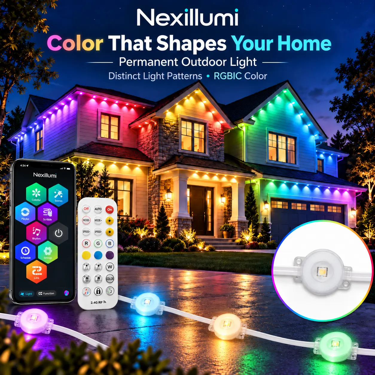Nexillumi Smart Permanent Outdoor RGBIC Lights, IP67 Waterproof Eave Lights with App & Remote Control, Dynamic Color Changing Roofline LED Lights for House Exterior, Christmas, Halloween, Holiday Decor & Year-Round Home Lighting
