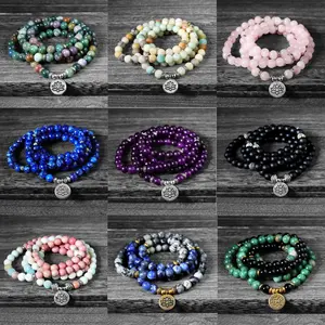 Natural Multi-Gemstone 8mm Beads Prayer Lotus Charm Healing Reiki 108 Mala Beads Bracelet Prayer Meditation Inner Peace Bracelet-10 types