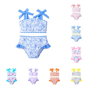 Toddler Baby Girl Two Pieces Swimsuit Straps Ruffle Bikini Set Swimwear Beach Bathing Suit for Girls 2-7 Years Blue Floral Design