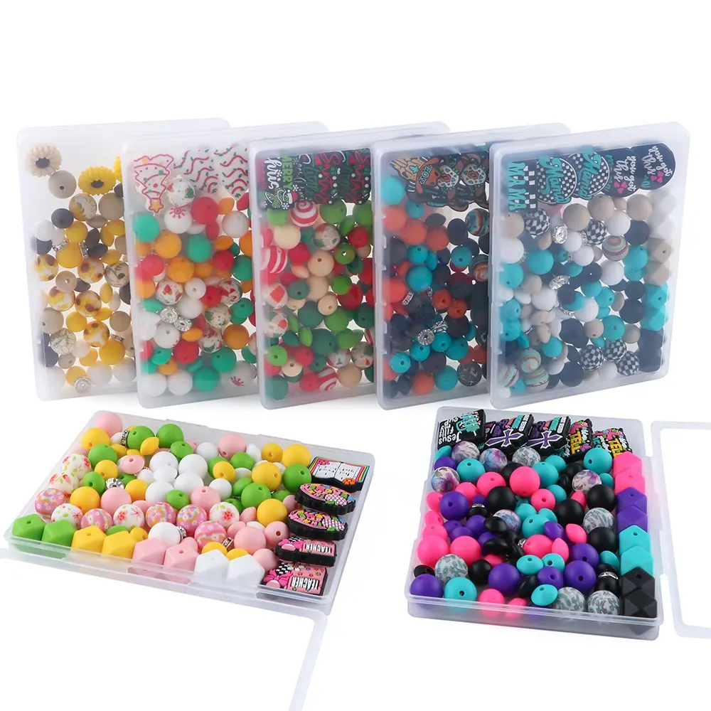 105pcs silicone focal beads and silicone printed round beads solid color round beads polyhedral lentil beads combination box Beads Set suitable for DIY jewelry making, keychains, bead pens, and handicrafts, durable and multi-purpose beads DIY Mix Beads
