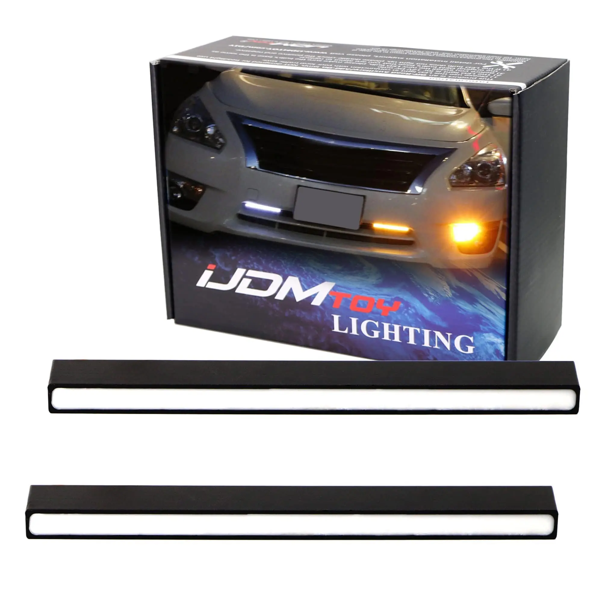 iJDMTOY Slim-Fit 28-SMD White/Amber Sequential Blink Switchback LED Daytime Running Light Bar, Universal Fit For Most Car SUV Truck