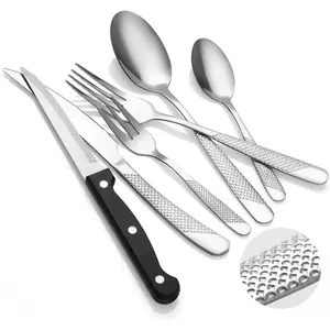 24 count Hammered Silverware Set with Steak  for 4, Stainless Steel 18/10 Cutlery Set Mirror Polished Modern Design,Flatware Set Including  Fork and Spoon,Tableware Utensil for Housewarming