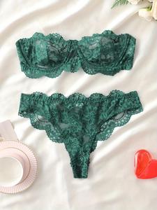 women's floral lace sexy lingerie two-piece set, romantic underwire bandeau bra & thong, breathable comfortable lingerie set for daily wear, women's underwear set for all seasons, lingerie for women, womenswear, premium fabric