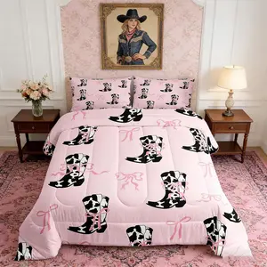 Cowgirls Comforter Set,Pink Bows Cow Print Boots Bedding Set,Western Cowboy Cute Bowknot Cartoon Pink Down Comforter,Woman Room Decor,,No Sheets