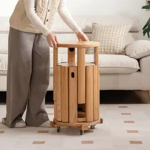 【Clearance sale】Wayshome 100% Solid Wood Stackable Stools Set of 4 With Wheeled Base, Assembled Oak Dining Ottoman Side Nesting Tables with Bold Legs with Handle, Stacking End Table Vanity Stools for Kitchen,Living Room, Bedroom