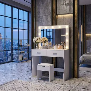 LED Lighted Mirror Vanity Set with Desk & Chair, Large Capacity Makeup Table with Storage Drawers and Open Shelves, Multifunctional Dressing Furniture for Bedroom Daily Use