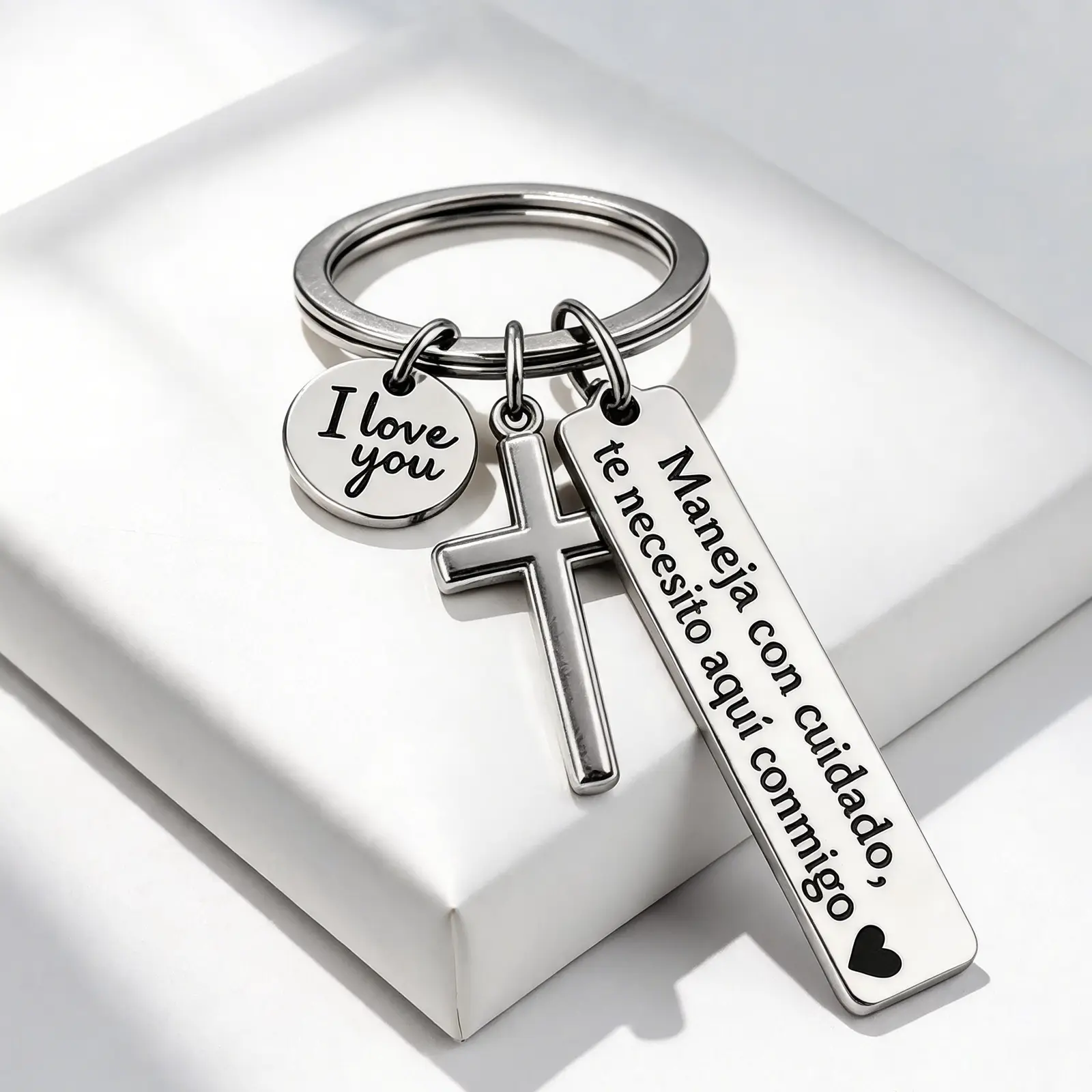 Maneja Con Cuidado Te Necesito Aquí Conmigo Keychain with Cross & "I Love You" Charm, Spanish Drive Safe Stainless Steel Keyring, Romantic Religious Gift for Him/Her,back to school,back to school haul