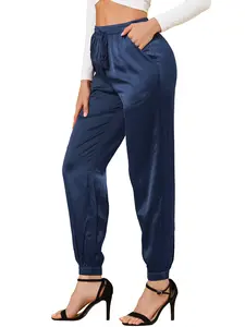INSPIRE CHIC Women's Satin Pants Drawstring Elastic Waist Straight Leg Ankle Length Dressy Joggers with Pocket