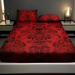 Three-Piece Skull Pattern Bedding Set (1 Bed Sheet + 2 Pillowcases, Filling Not Included), Suitable for Home and Dormitory, High-Resolution Printing, Breathable, All-Season Use, Polyester Fiber, Durable Twill Fabric, Digital Printing, Cover Material, 90g