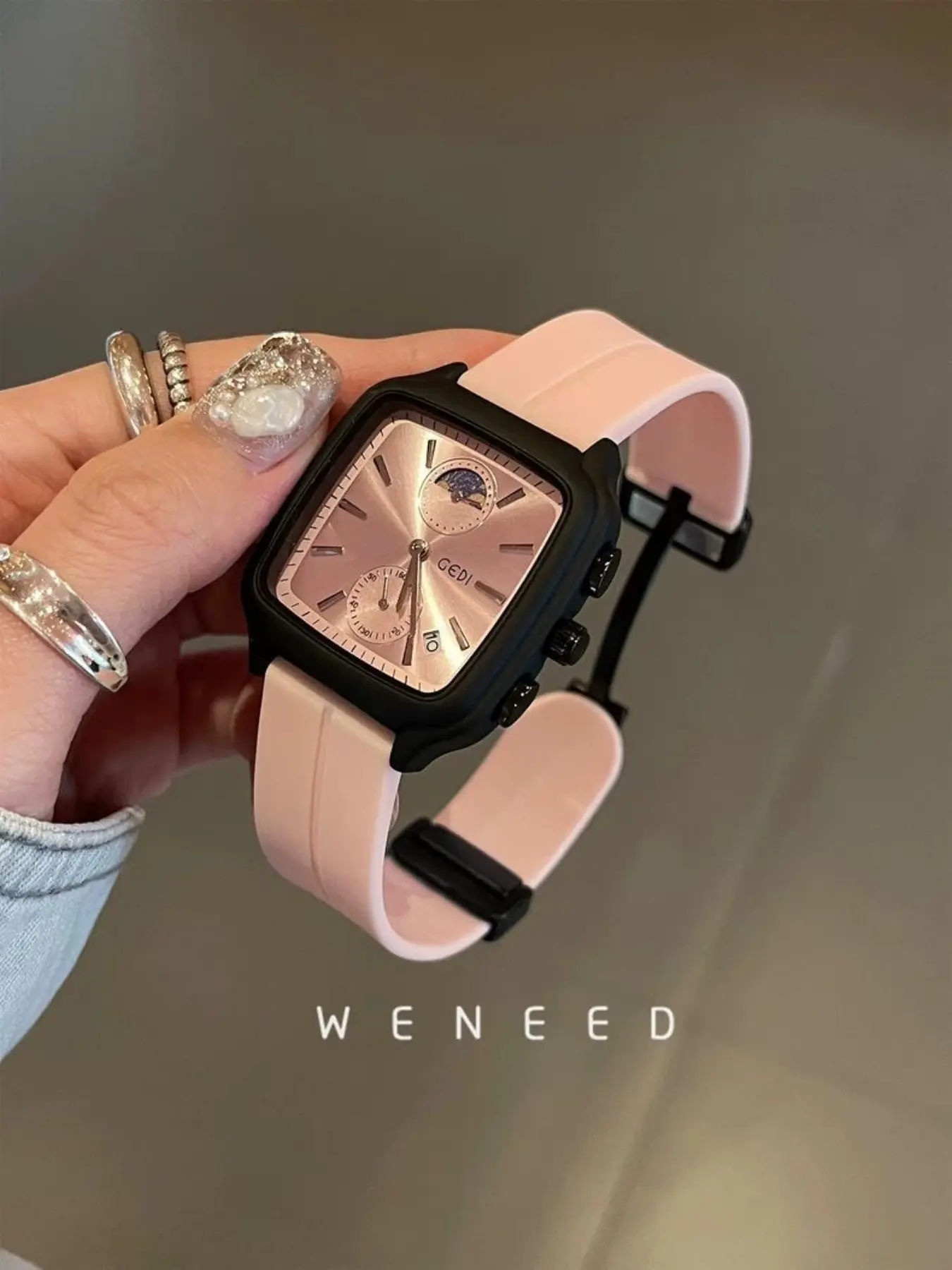 Women's Sporty Analog Watch, Dial, Silicone Strap, Rose, Moon Phase & Small Second Hand, Unique Design, All Seasons, Quartz Watch