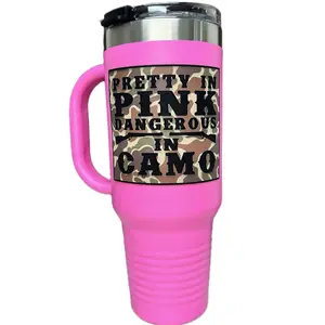 Pretty in Pink 40 oz Tumbler Camo Design with"PRETTY IN PINK DANGEROUS IN CAMO Text Water Bottles Drinkware Bottles-=%2=-=%2=-=%2= cup=%2= Engraved Beverage Portable Stylish