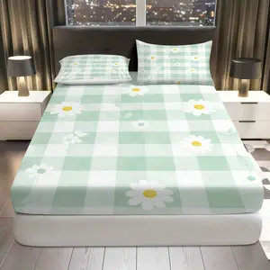 3Pcs Floral Checkered Green Fitted Sheet Three Piece Set (1*Fitted Sheet+2*Pillowcases, Coreless), Spring theme, Flower Plaid Bedding Set, Mattress protector Soft, Breathable