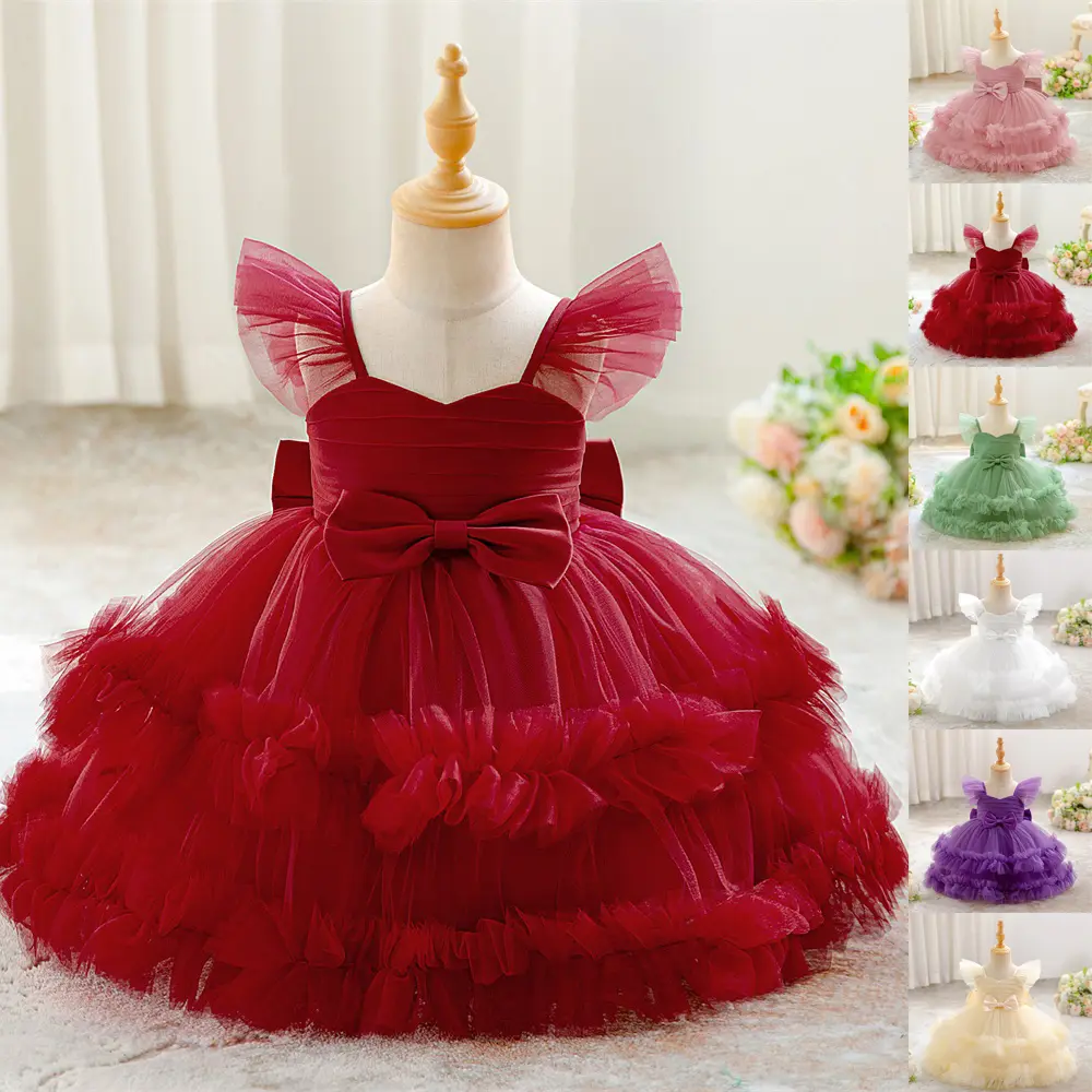 6M-3Y Kids Clothes 3060 Big Bow Tulle Maroon Anniversary Birthday Baptism Flower Girls Frock Ball Gown Pageant Children Elegant Princess Prom Host Formal Evening Party Banquet Dress for All Season