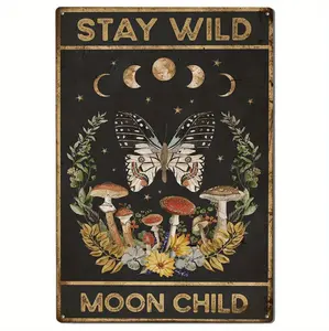 Retro Hippie Metal Sign Stay Wild Moon Youngsters Enchanting Wall Art Featuring Mushrooms Butterflies and Floral Designs for Home Decor