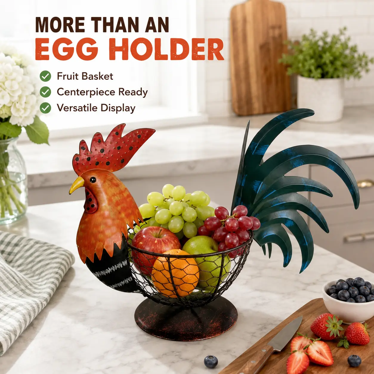 Farmhouse Rustic Multicolor Chicken Wire Egg Basket with Rooster Decor, Multi-Use Kitchen Decor Organizer for Egg Storage, Fruit & Vegetable Holding, Ideal Gift for Home Supplies Enthusiasts