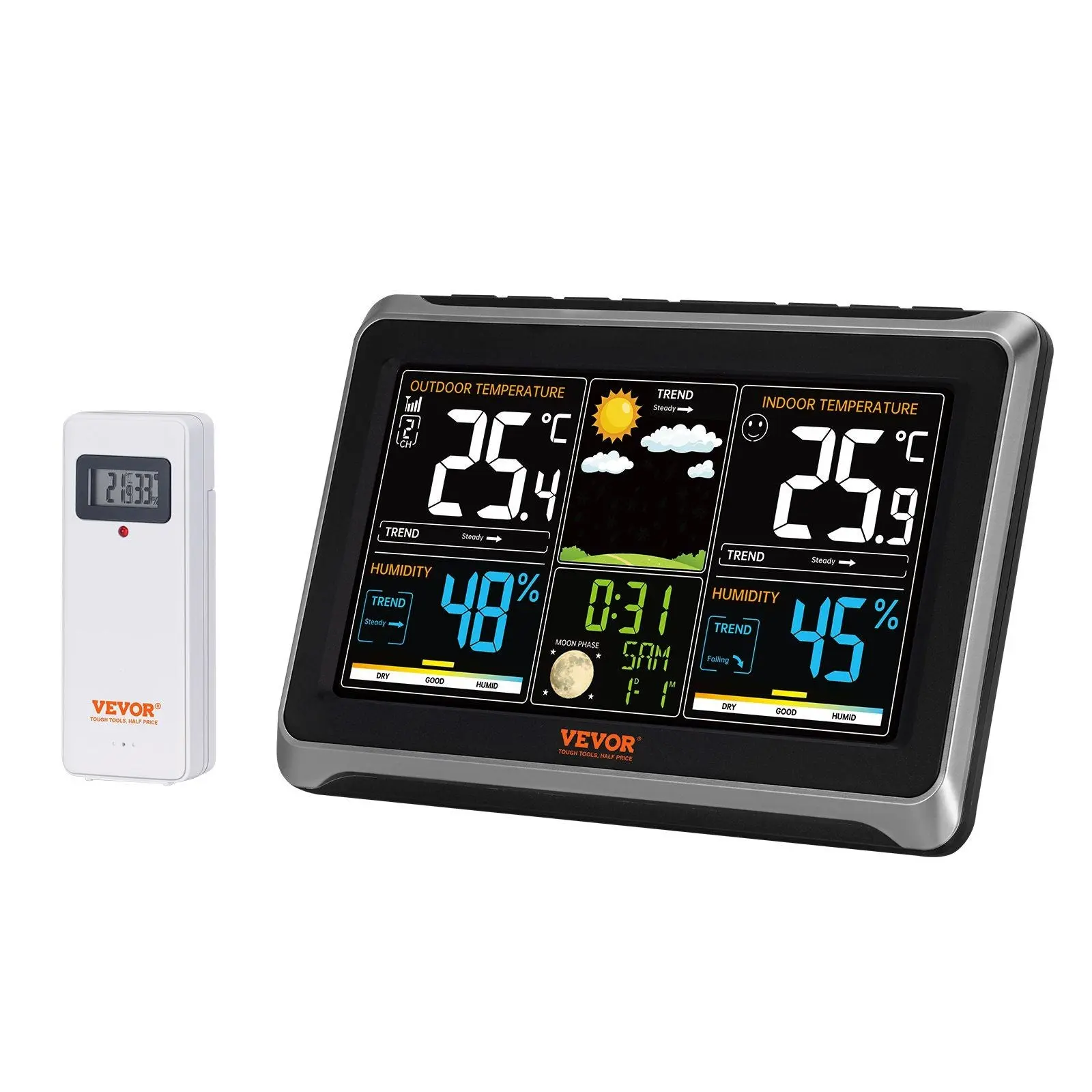 Indoor/Outdoor Weather Station 7.5 in Large Color Display with Sensor Atomic Clock & Adjustable Backlight