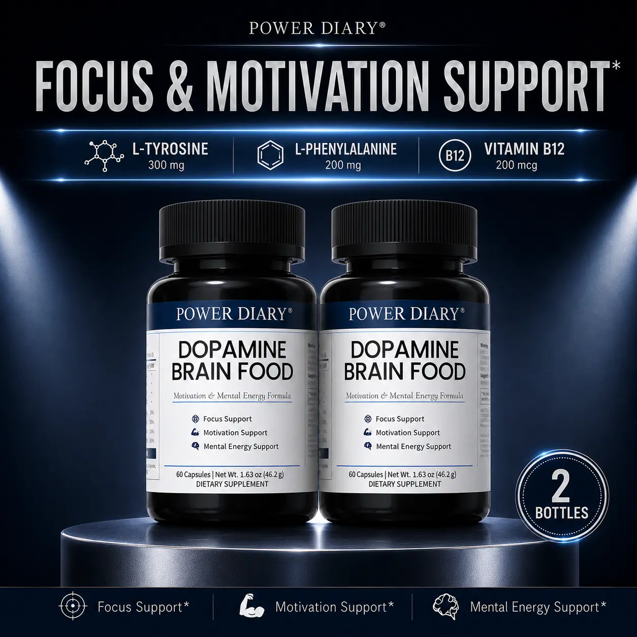 POWER DIARY Dopamine Brain Food, Dopamine Supplements & L-Tyrosine Supplement with L-Phenylalanine, Taurine, TMG, Vitamins B6 & B12, Focus & Mental Energy Support, 60 Capsules
