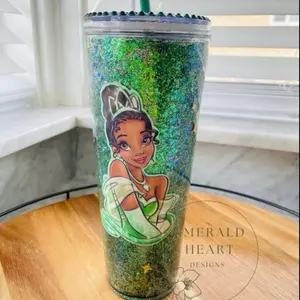 Princess & the Frog Snow-globe Tumbler - Glittery Design with Character Illustration, Ideal for Drinkware - Bottle