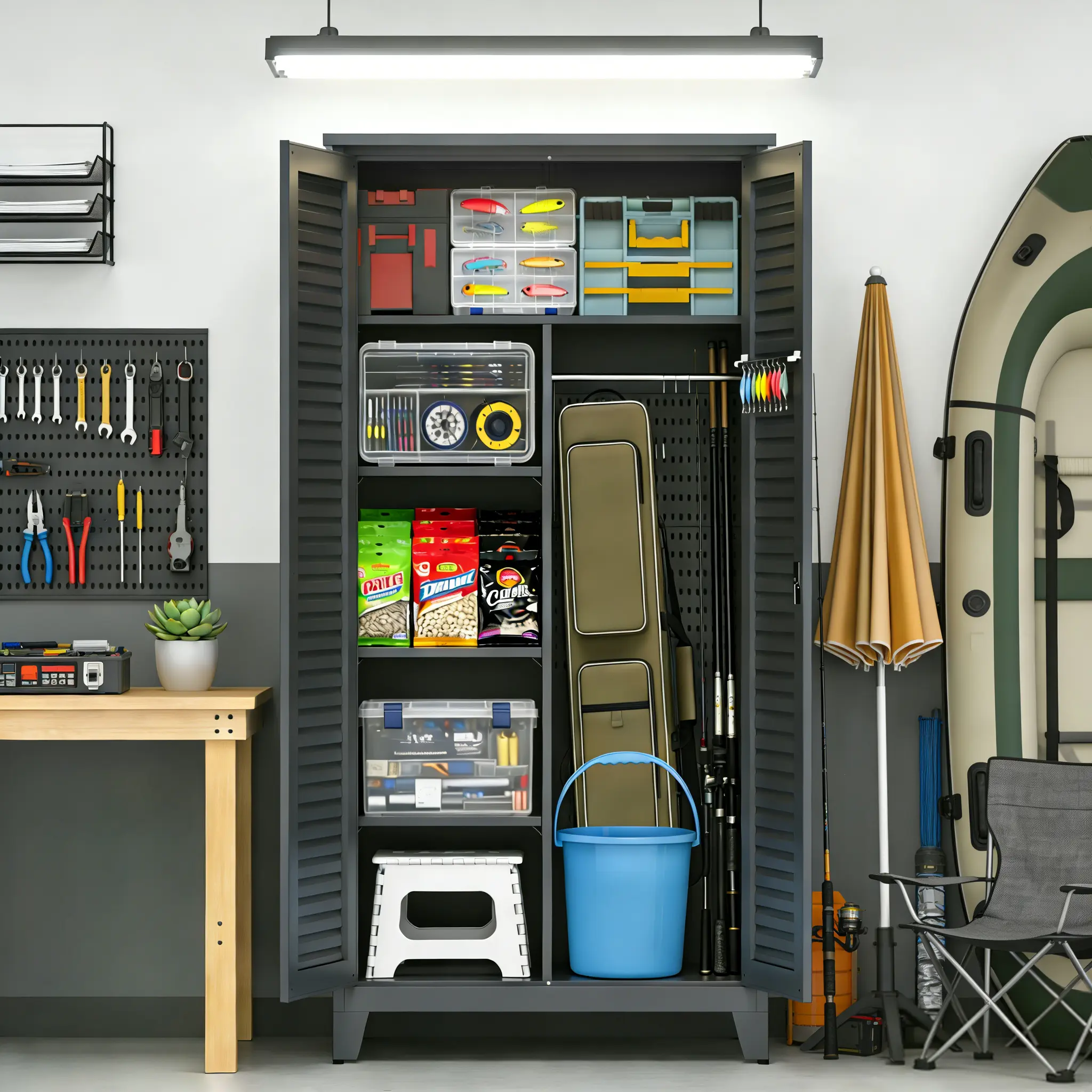 73-Inch Tall Steel Storage Cabinet with Shelves, Pegboard, and Hanging Rods – Slate Gray Organizer for Garage, Workshop, and Home