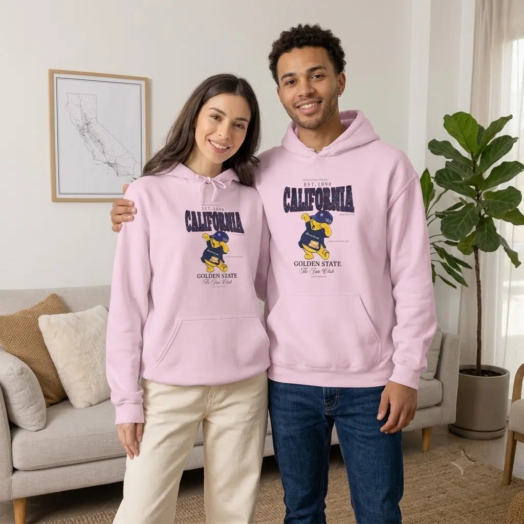 Retro College Style Mascot Bear Printed Sweatshirt | High Quality Soft Thermal Fleece Hoodie | Casual Streetwear Hooded Top for Couples