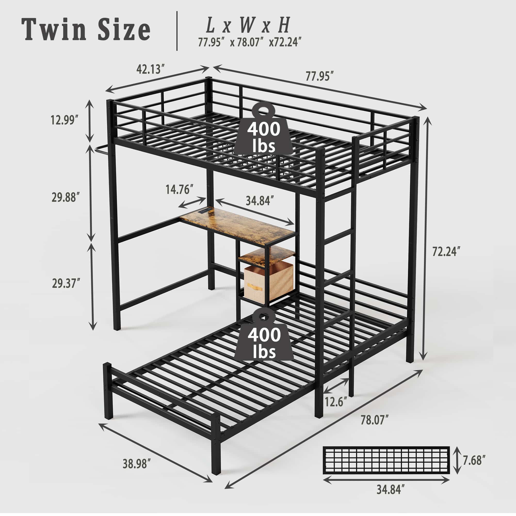 Twin Over Twin L-Shaped Metal Bunk Bed with Desk Station, Loft Bed with Storage Shelves Drawers Guardrail Ladder, Sturdy Space-Saving Bunk Bed Black for Bedroom
