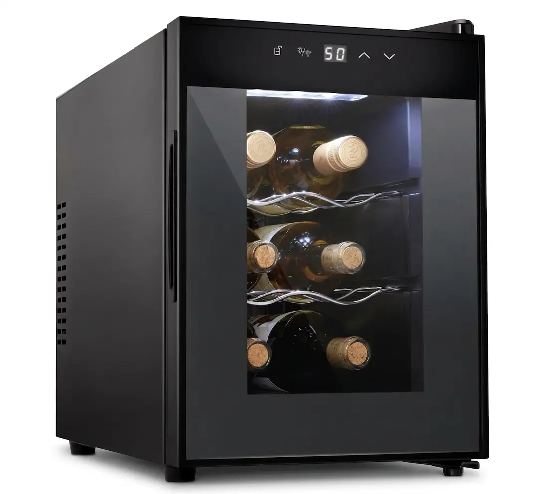 6 Bottle Horizontal Thermoelectric Wine Cooler - Compact Countertop Red & White Wine Cellar with Digital Temperature Control, Freestanding Refrigerator with Quiet Operation & Glass Door