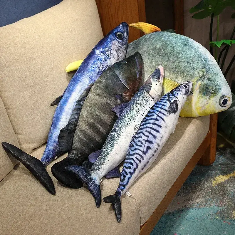 3D Fish-Shaped Plush Pillow - Tuna, Salmon, Saury, Grouper Designs - Soft Stuffed Pet Interactive Toy for Home Playtime (Dog & Cat Accessory)
