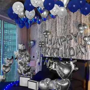 Birthday Party Decorations Set, Blue Silver Rose Gold Birthday Party Decoration with Foil Curtain, Birthday Balloons, Heart Shaped Balloons, Metallic Latex Balloon Confetti Balloons, Boyfriend's gift, Summer Home Decor Baby Shower