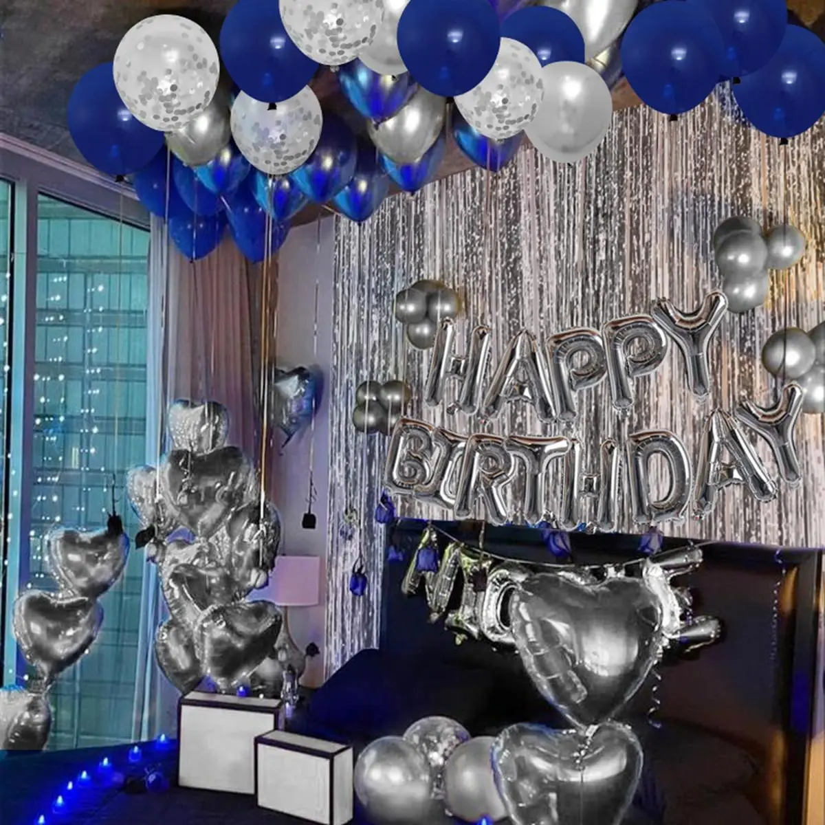 Happy Birthday Letter Balloon Set, Blue Silver Rose Gold Birthday Party Decoration with Foil Curtain, Birthday Balloons, Heart Shaped Balloons, Metall