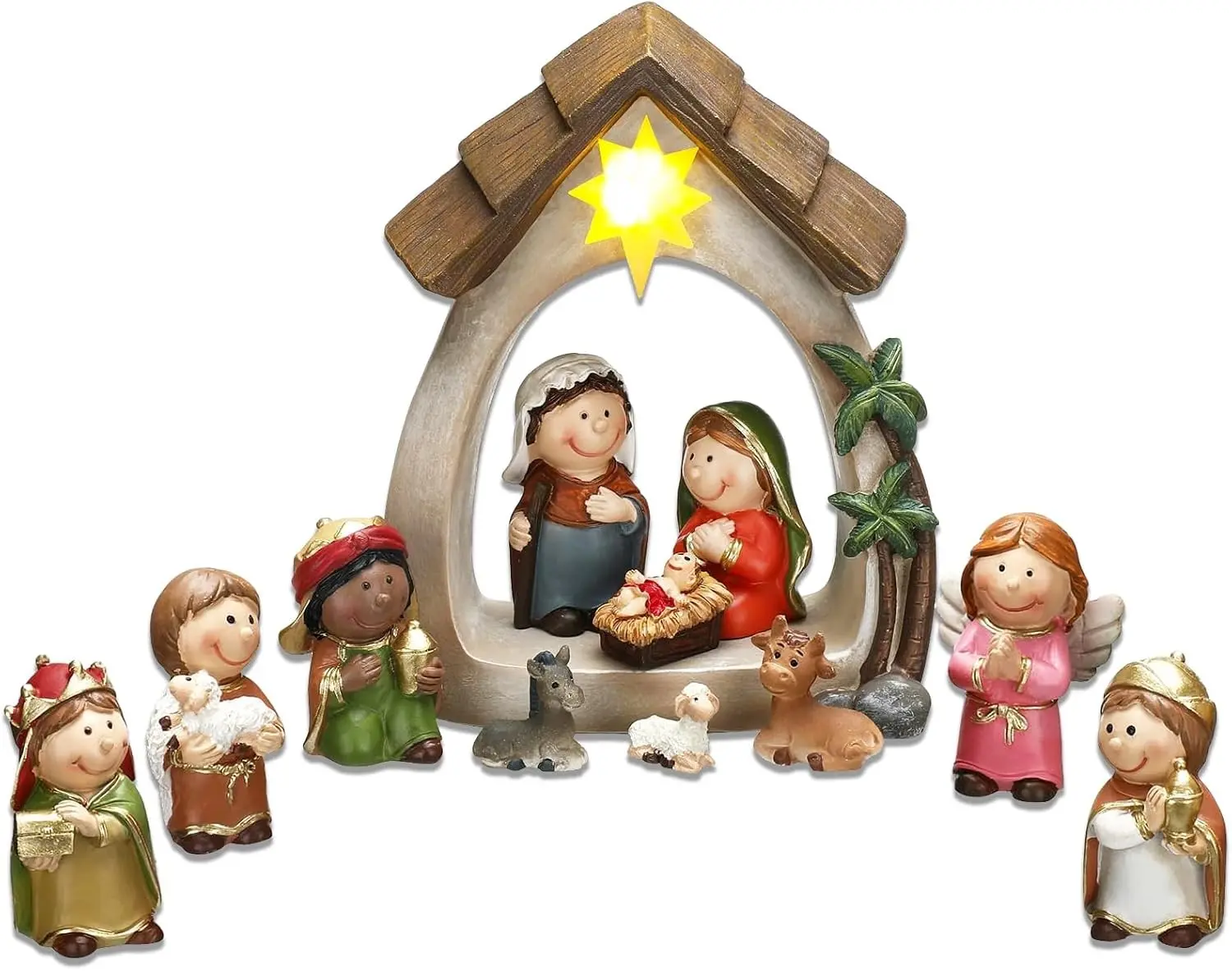 Traditional 12-Piece Movable Multicolor LED Lighted Resin Nativity Set - Small Tabletop Indoor Home Decor, Includes 1 Manger & 11 Mini Figurines, Festive Christmas Gift