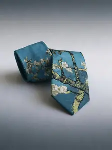1pc Men's Luxury 2400 Stitch Jacquard  Skinny Floral Pattern Tie with Van Gogh Blossoming Almond Tree Embroidery, Gift Box Included, Artistic Fashion Accessory for Men, Van Gogh Tie, Floral Embroidered Tie