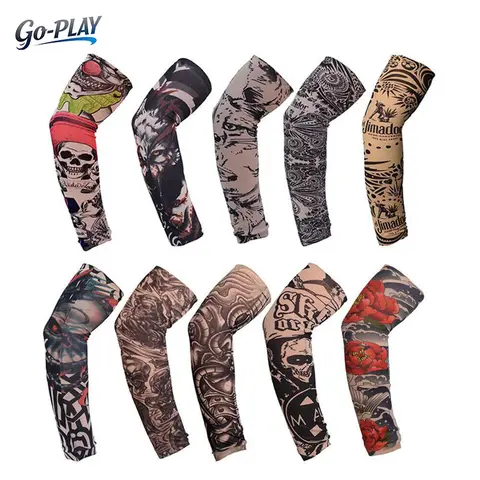 10Pcs Cooling Protective Sleeves - Nylon & Spandex, UV Protection, Quick Dry, Tattoo-Style Graphic Look, Stretchy Fit, 15.4"x3.1", Flat-Dry Fabric Keeps Arms Fresh, Unisex Clothes for Outdoor Sports Cycling, Fishing