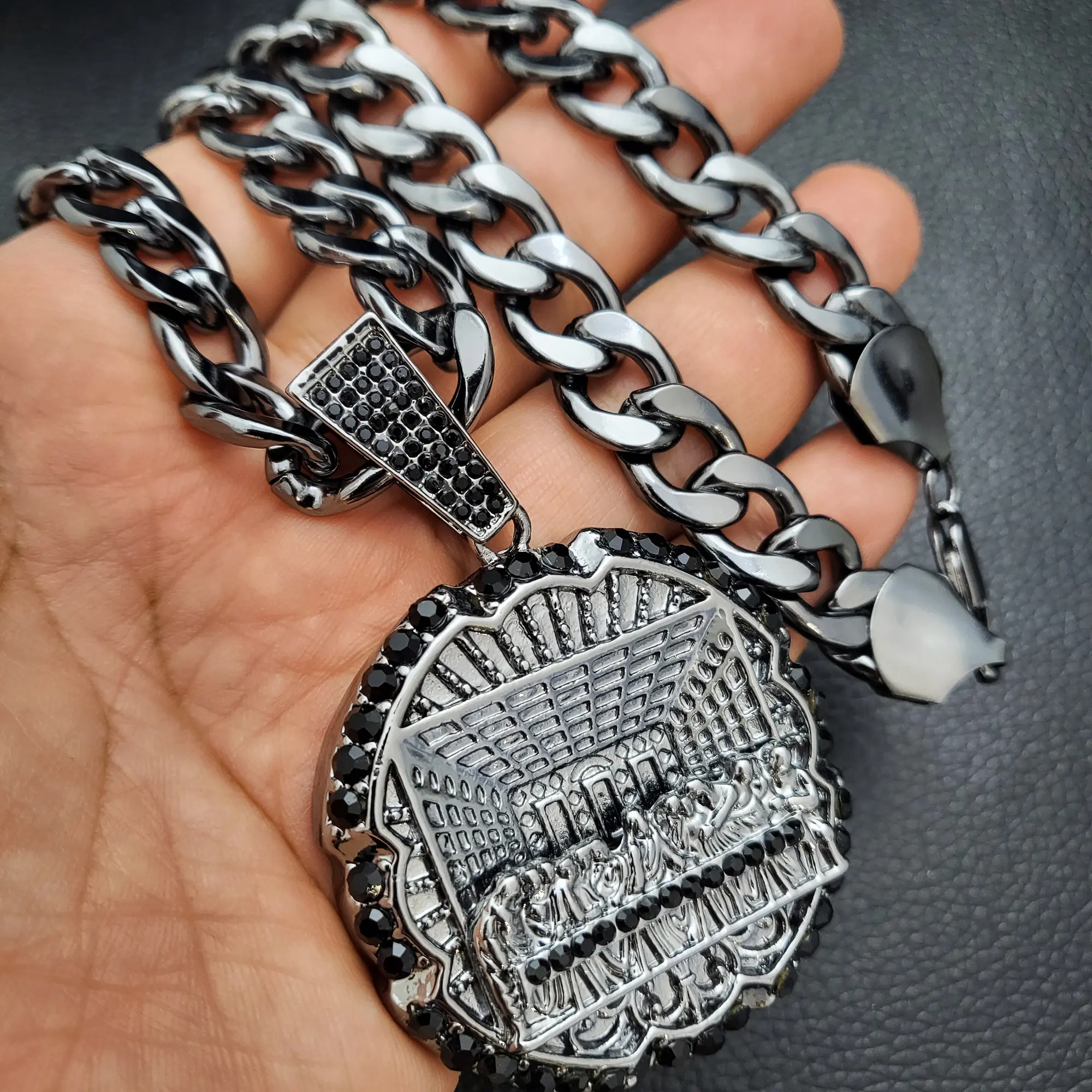 MaxBling81 Unisex Hip Hop Last Supper Medal Pendant Necklace, Hematite-Plated with Iced Cubic Zirconia, 2" Pendant on 20" 11mm Cuban Chain, Hip Hop Celebrity Style, Zircon, Casual, 2" (Diameter), Pendant & Chain