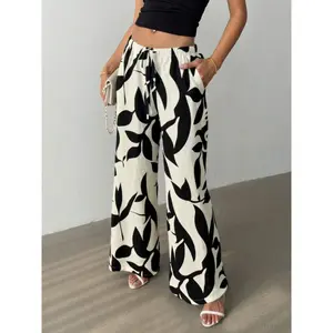 WomWomen's Casual Wide-Leg Pants Diamond Pattern Waist-Cinching Design