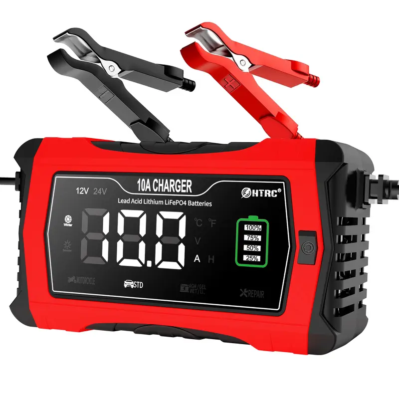 10-Amp 12V-24V Compact Plug-in Smart Automotive Battery Charger - Fully-Automatic Trickle Charger with LCD State Glance, Pulse Repair Mode, Overheat/SC Guard, Temperature Compensation (for Cars, Motorcycles, Boats, 12V10A Max)