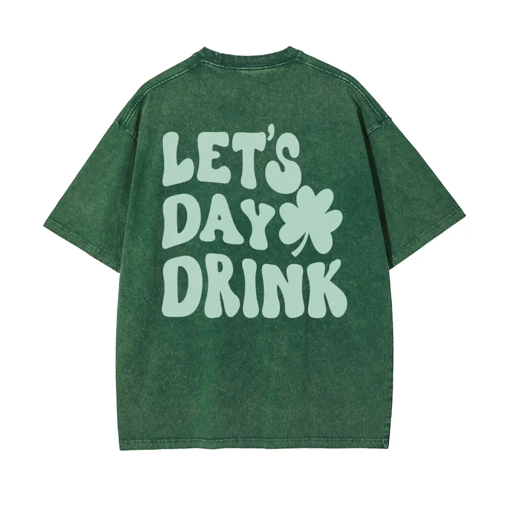 St. Patrick's Day "Let's Day Drink" T-Shirt, Unisex Vintage Washed Cotton Graphic Short Sleeve Top for Casual Streetwear, Tshirt, Shortsleeve, Retro, Fabric, Stretch