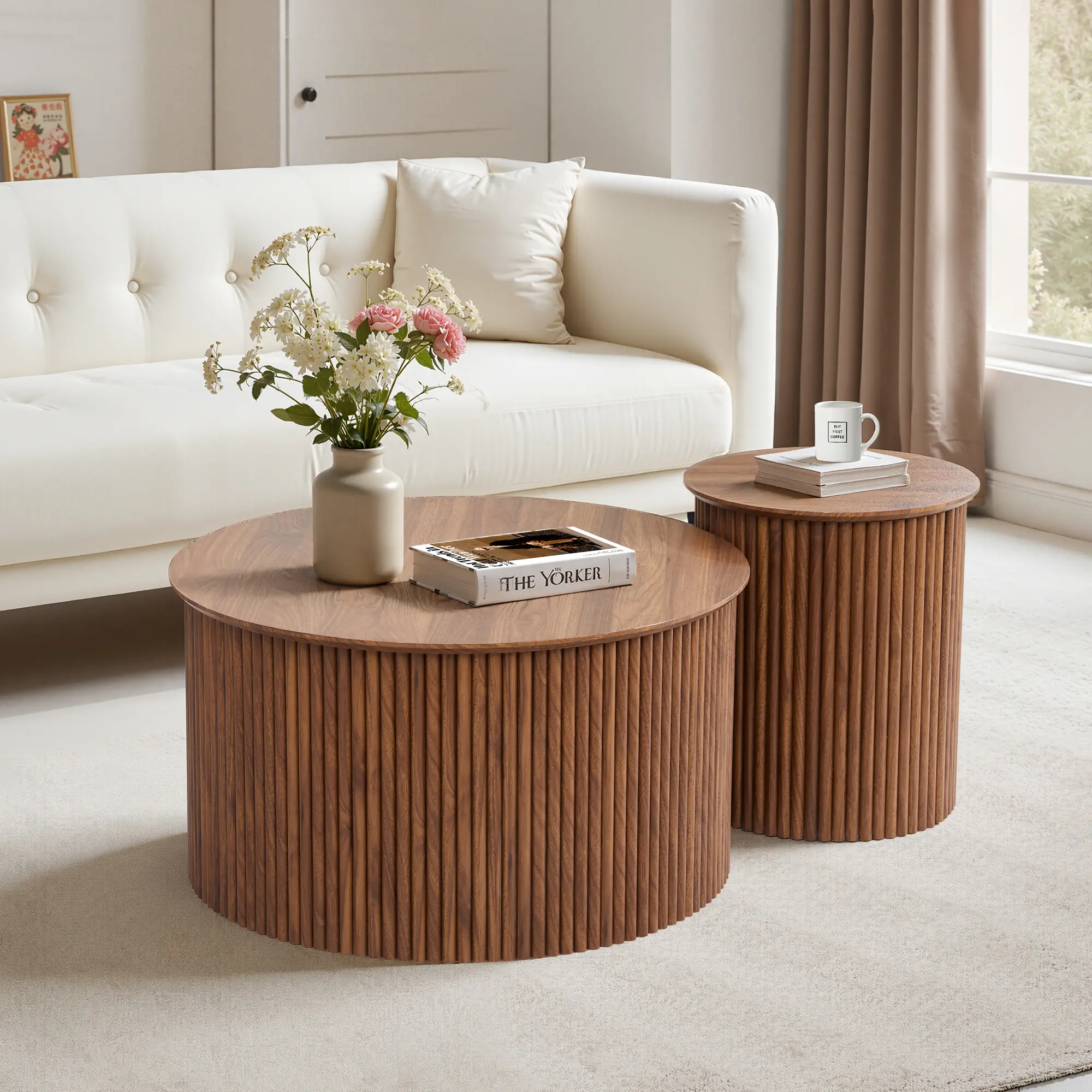 Giratree Fluted Round Nesting Coffee Table Set of 2, Mid Century Modern Wood Coffee Table and Side Table Set for Living Room, Office and Small Spaces